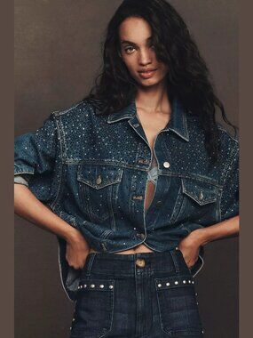 NEW Pilcro Size S, The Weston Rhinestone Denim Boyfriend Jacket - Dark Denim